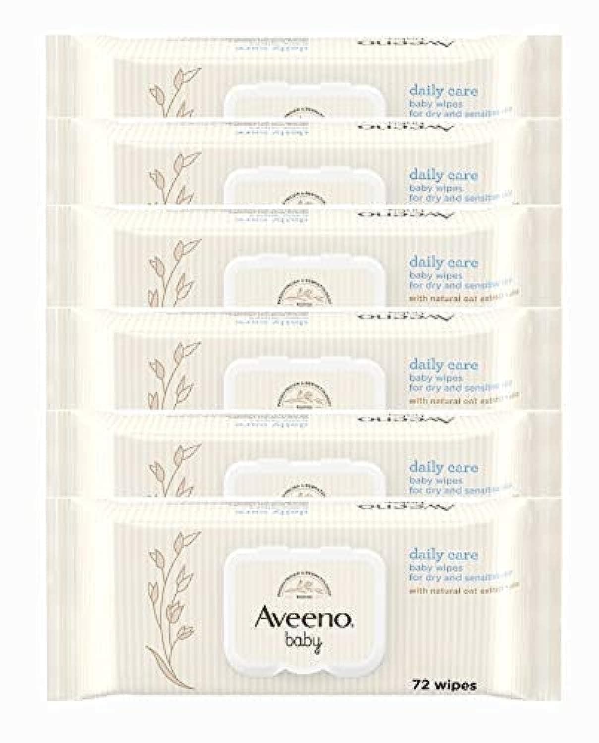 AVEENO Baby Daily Care Wipes - Cleanse Gently and Efficiently - Baby Wipes - Baby Essentials - 72 Wipes, Lid On Each Pack, Pack of 6 (432 Wipes in Total)
