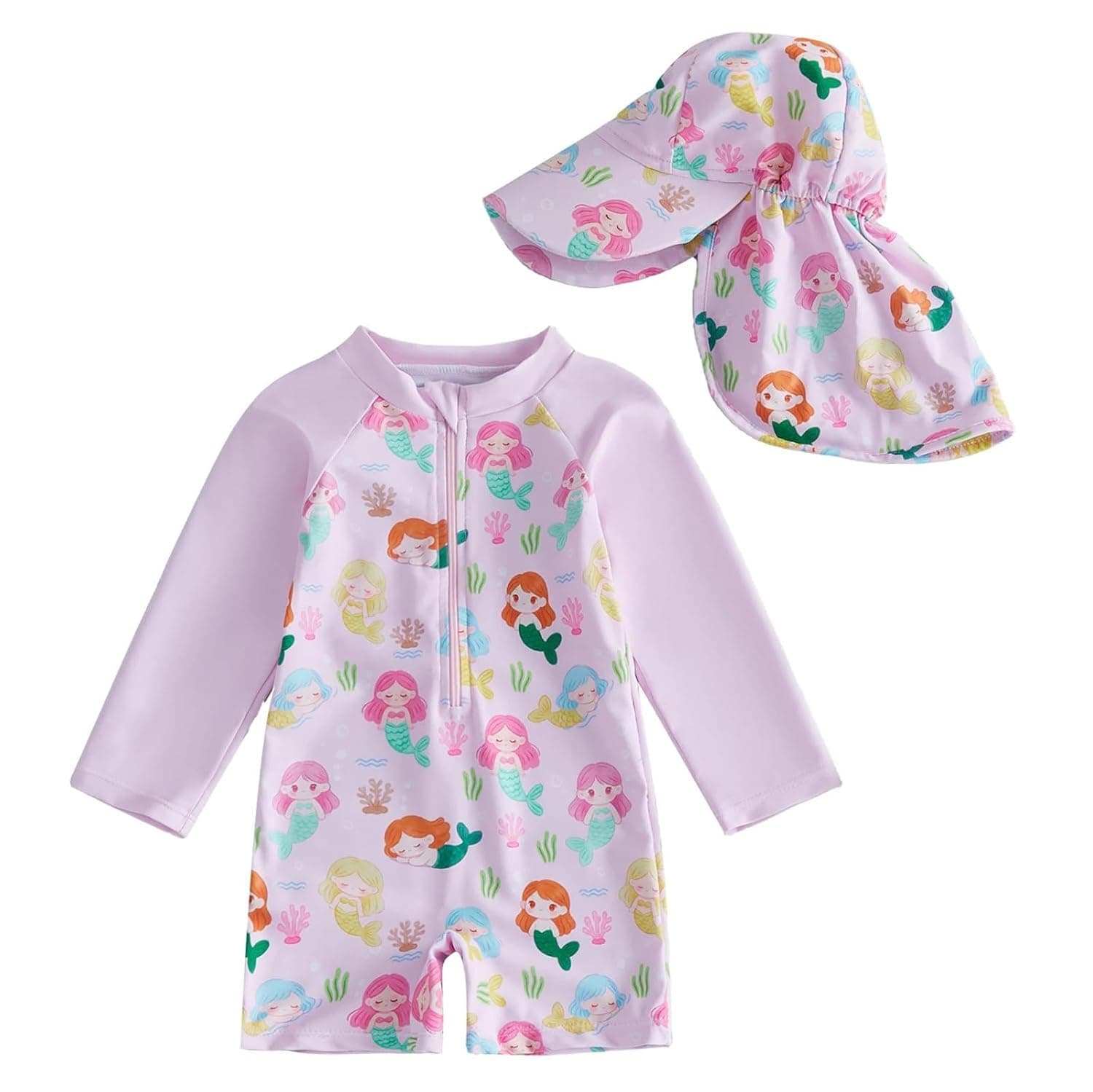 Baby Swimsuit with Hat, Long Sleeve Rash Guard Sunsuit, Zipper One Piece Swimwear, UV Protection, Infant Toddler Bathing Suit, Comfortable Quick-Dry Fabric for Beach & Pool (1-2 Years, Mermaid)
