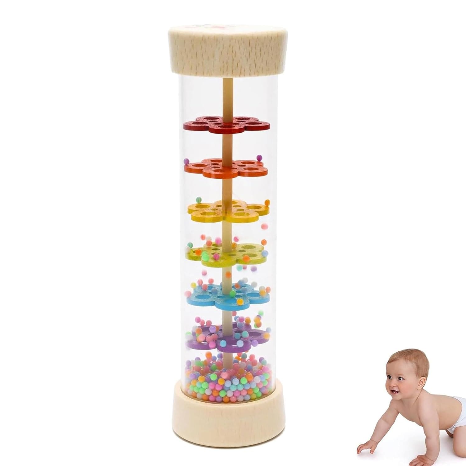 YelaJoy 7 Inch Wooden Rainmaker Rain Stick Montessori Sensory Rattle | natural wood, sensory beads, 7-inch, rattle sound, for infants, early learning toy