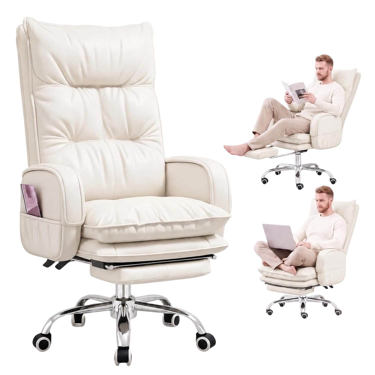 Desk Chair, Reclining Leather Office Chair with Footrest for Home Office (White)