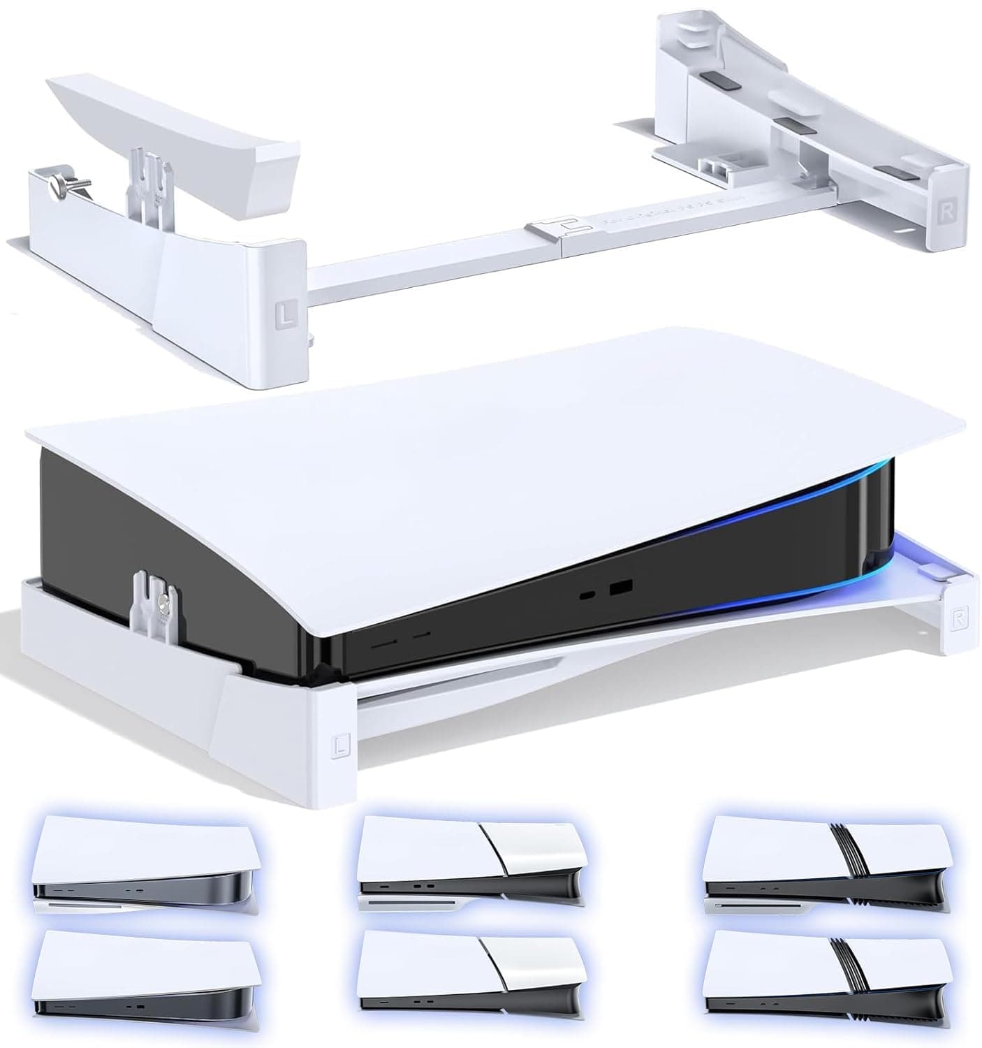 حامل أفقي لجهاز بلاي ستيشن 5 قاعدة ملحقات PS5 متوافق مع قرص وحدة التحكم والإصدارات الرقمية مكتب مطور براغي تثبيت من اويفو أبيض ايفا