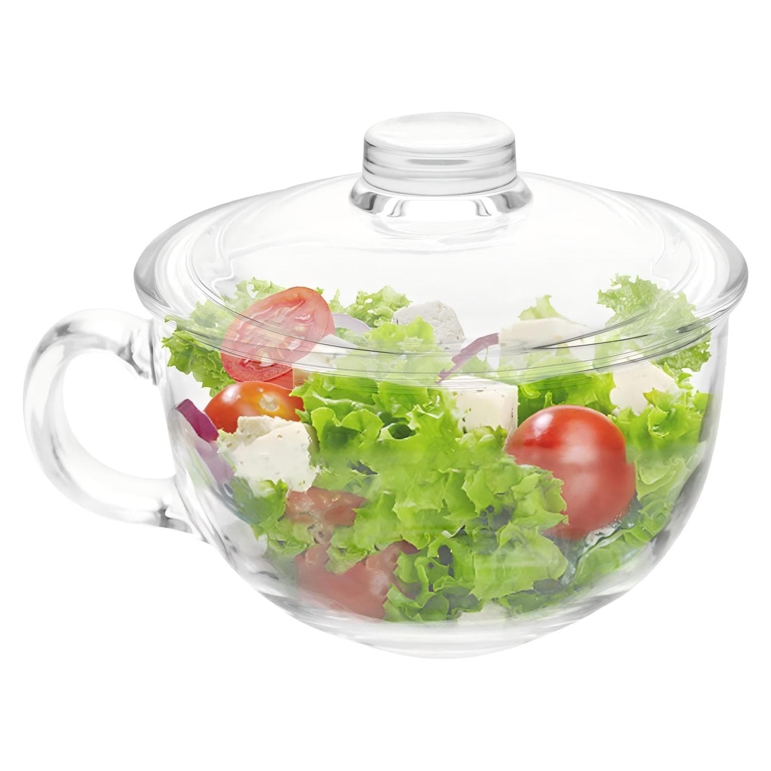 Small Glass Bowl with Lid and Handle, 500ml/16oz Microwave Safe Clear Soup Bowl, Durable Heat-resistant Oatmeal, Cereal, Salad, Dessert, Pasta Serving Container for Kitchen and Meal Prep