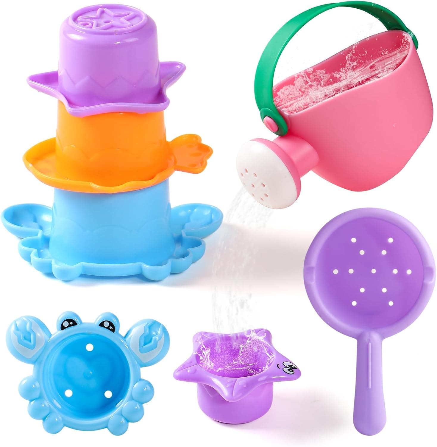 Baby Bath Toys for Kids Ages 1-3, 5 PCS Toddler Bath Toys with Rainbow Stacking Cups, Bath Boats, and Watering Can, Sea Animal Shapes, Beach Toys Baby Gifts, Early Learning for Girls and Boys