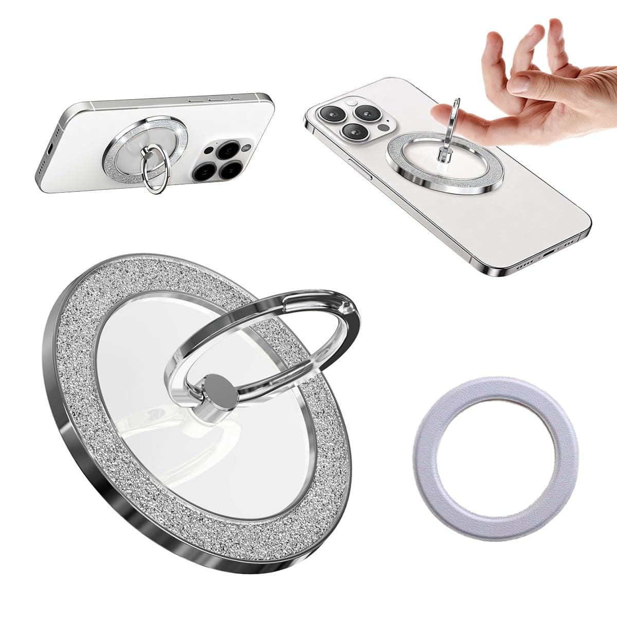Bling Rhinestone Magnetic Phone Grip, Glitter Finger Ring Holder Compatible with MagSafe, Cute Compact Phone Decor for Women Girls, Includes Premium Faux-Leather Metal Ring