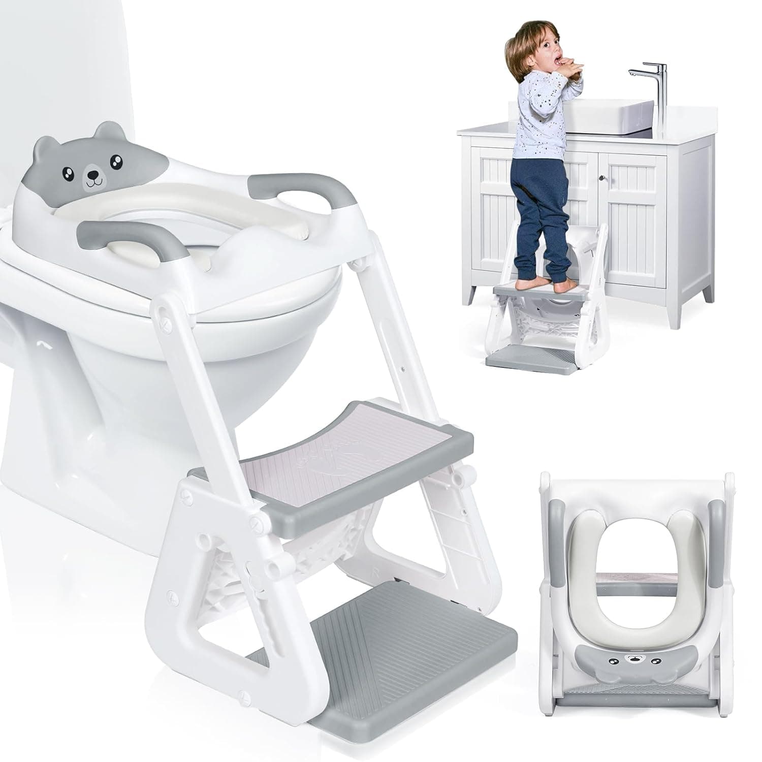 2-IN-1 Potty Training Toilet Seat with Step Stool for Toddler, Stability Training Potty Seat for Kids Boys Girls with Splash Guard and Anti-Slip Pad, Adjustable Ladder & Potty Seat Height(Grey)