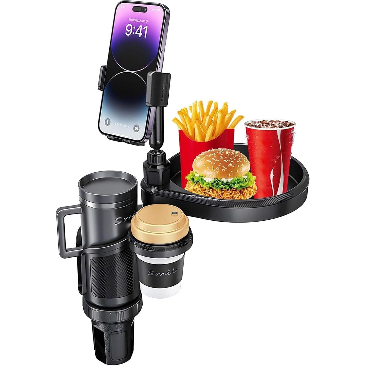 LinJie Car Cup Holder Tray, 4-in-1 Adjustable Car Cup Holder Phone Mount with Food Tray, 360° Rotation Car Food Table Compatible with Most Vehicles, Ideal for Road Trips and Truckers