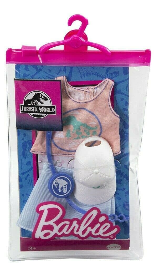 Barbie Doll Clothes Inspired by Jurassic World: Dominion, Complete Look with 2 Accessories, Pink Sleeveless Crop Top with Dinosaur Graphic & Blue Shorts, Fanny Pack & Hat, Gift for Kids 3 to 8 Years