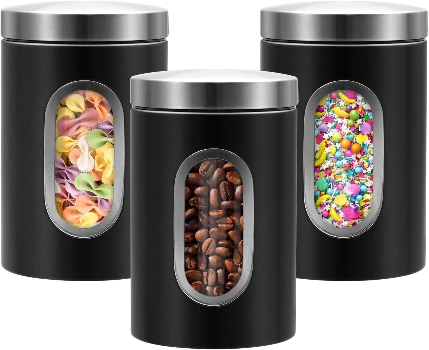 U HOOME 3pcs Airtight Coffee Canister Set with Window,Kitchen Stainless Steel Food Storage Containers for Coffee, Tea,Sugar,Flour,Airtight Coffee Container Jars with Lid for Countertop (Black)