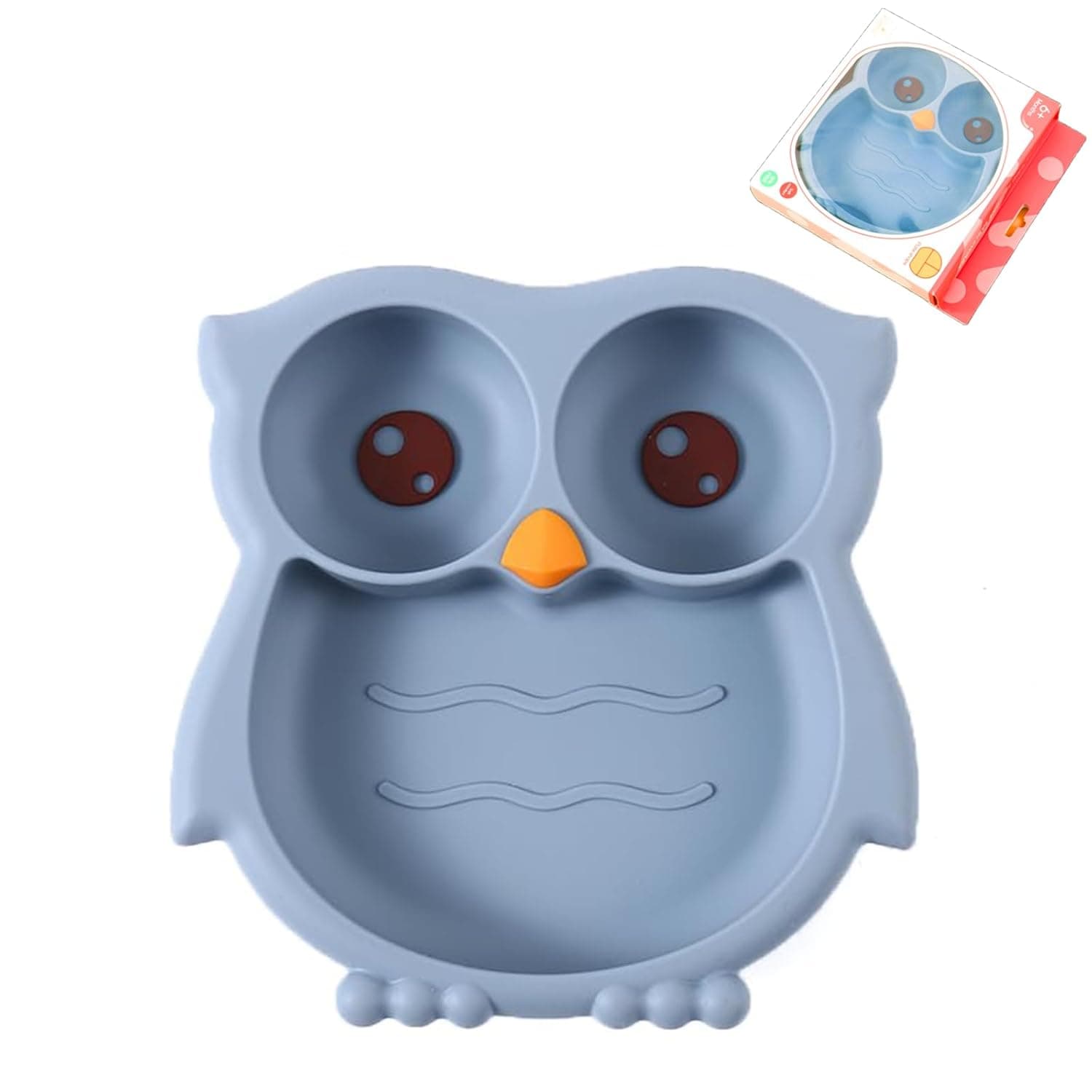 PandaEar Toddler Suction Plates, Stay Put Divided Baby Plates with Suction, 100% Food-Grade Unbreakable Divided Silicone Plate, Owl Shape BPA-Free Baby Feeding Supplies (Blue)