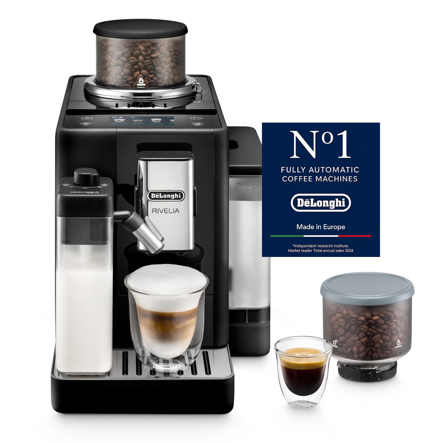 De'Longhi Rivelia EXAM440.55.B Fully Automatic Coffee Machine – LatteCrema Hot, Automatic Milk Frother, Bean-to-Cup, 16 Coffee Recipes, Compact Design, Full Touch Color Display – Black