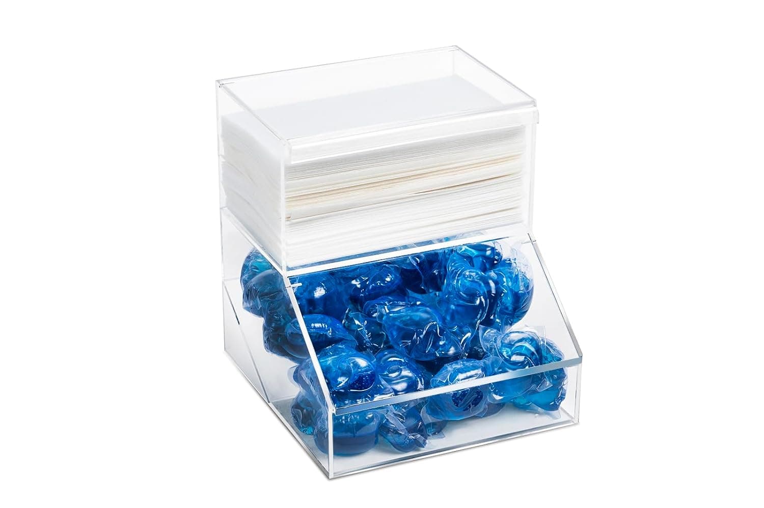 Inevibe Laundry Pod Holder & Dryer Sheet Dispenser - 2 Compartment Acrylic Container w/Lids for Storing Clothes Pins, Cotton Balls, Dishwasher Pods for Laundry Room Organization
