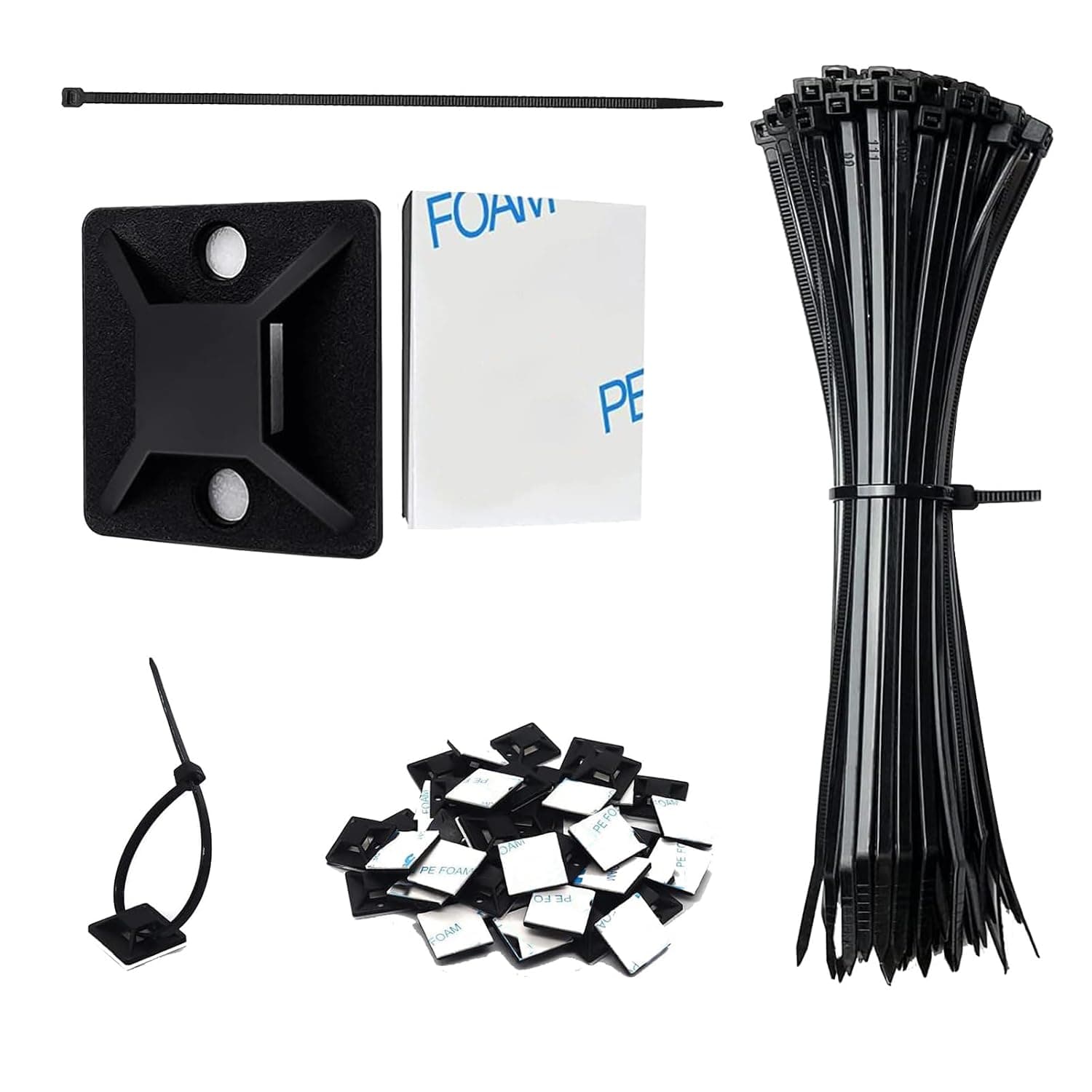TONGLUO Zip Ties with Adhesive Mounts, 3/4in Cable Ties, 100pcs Durable Multi-Purpose Heavy Duty Wire Clips with Screw Hole & Strong Anchor Sticky Pads for Home/Office/Garage Organization (Black)
