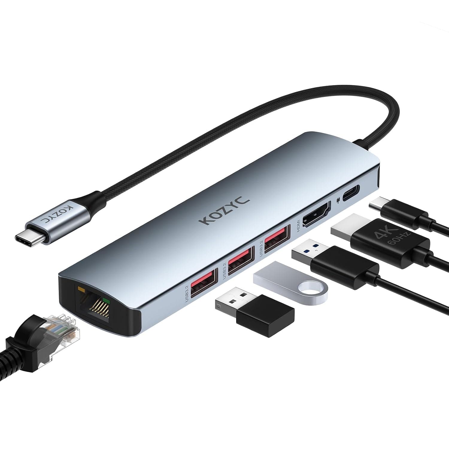 USB C Hub Ethernet, KOZYC 6-in-1 USB C Hub with 10Gbps, HDMI 4K 60Hz, 1Gbps Ethernet, 3xUSB-A 3.2, 100W PD Compatible with MacBook Air/Pro, XPS13/15, Dell