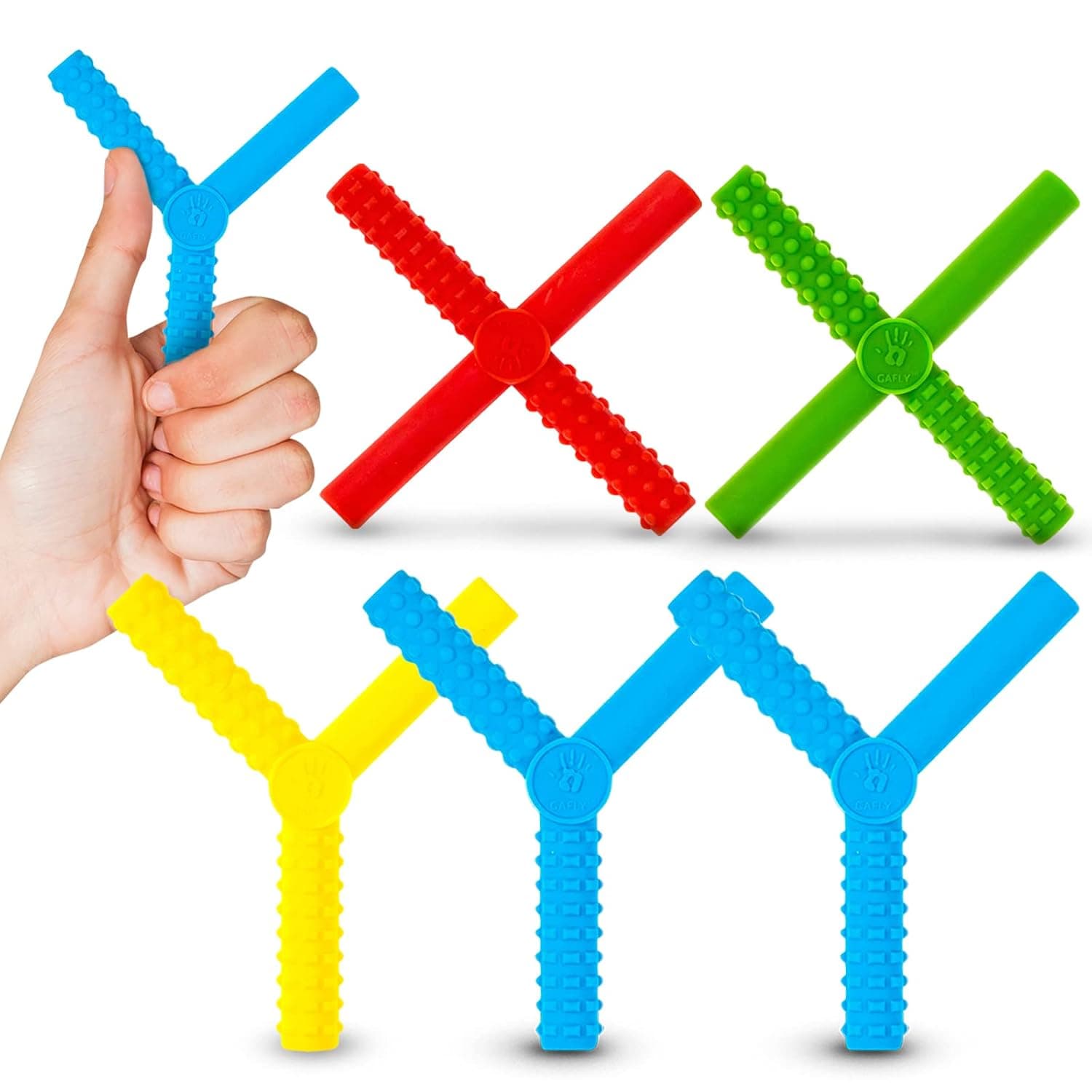 Gafly X's and Y's (5 Pack)-Sensory Chewy for Children with Autism, Kids Special Needs Chew Tubes, Oral Motor Chewers, Silicone, Red Blue Yellow Green