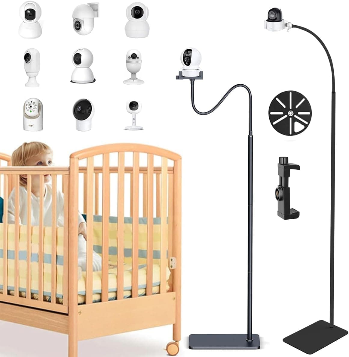 Baby Monitor Floor Stand 170cm Adjustable Baby Camera Stand Mount with Clamp and 1/4 Screw Hole, Height Holder Mount Compatible with HelloBaby Eufy Nanit Pro Vtech, Eufy Motorola Baby Camera