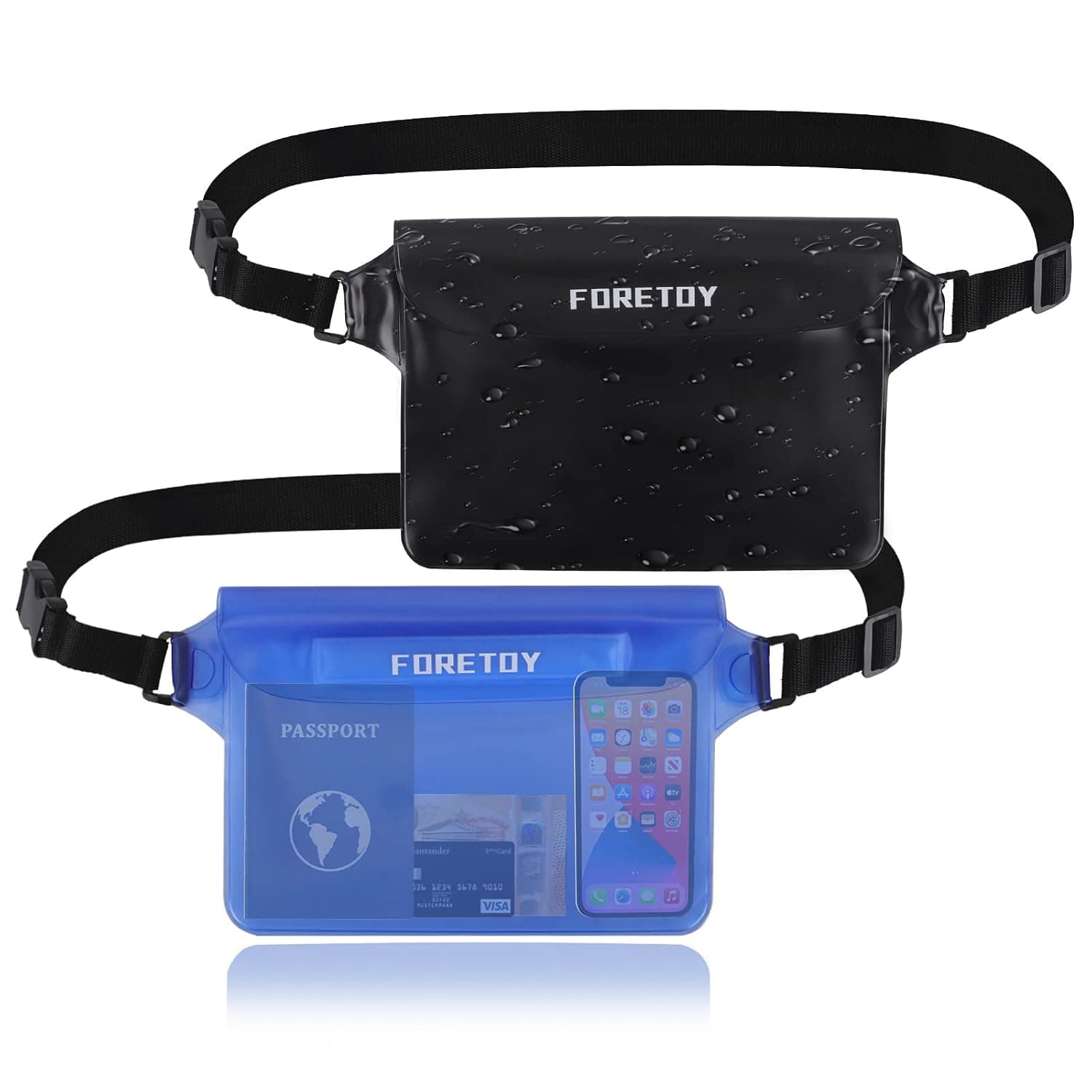 FORETOY Waterproof Bag 2 Pack Waterproof Waist Bag with Adjustable Strap, 100% Waterproof Phone Case for Water Sports, Beach, Swimming, Boating, Skiing etc.