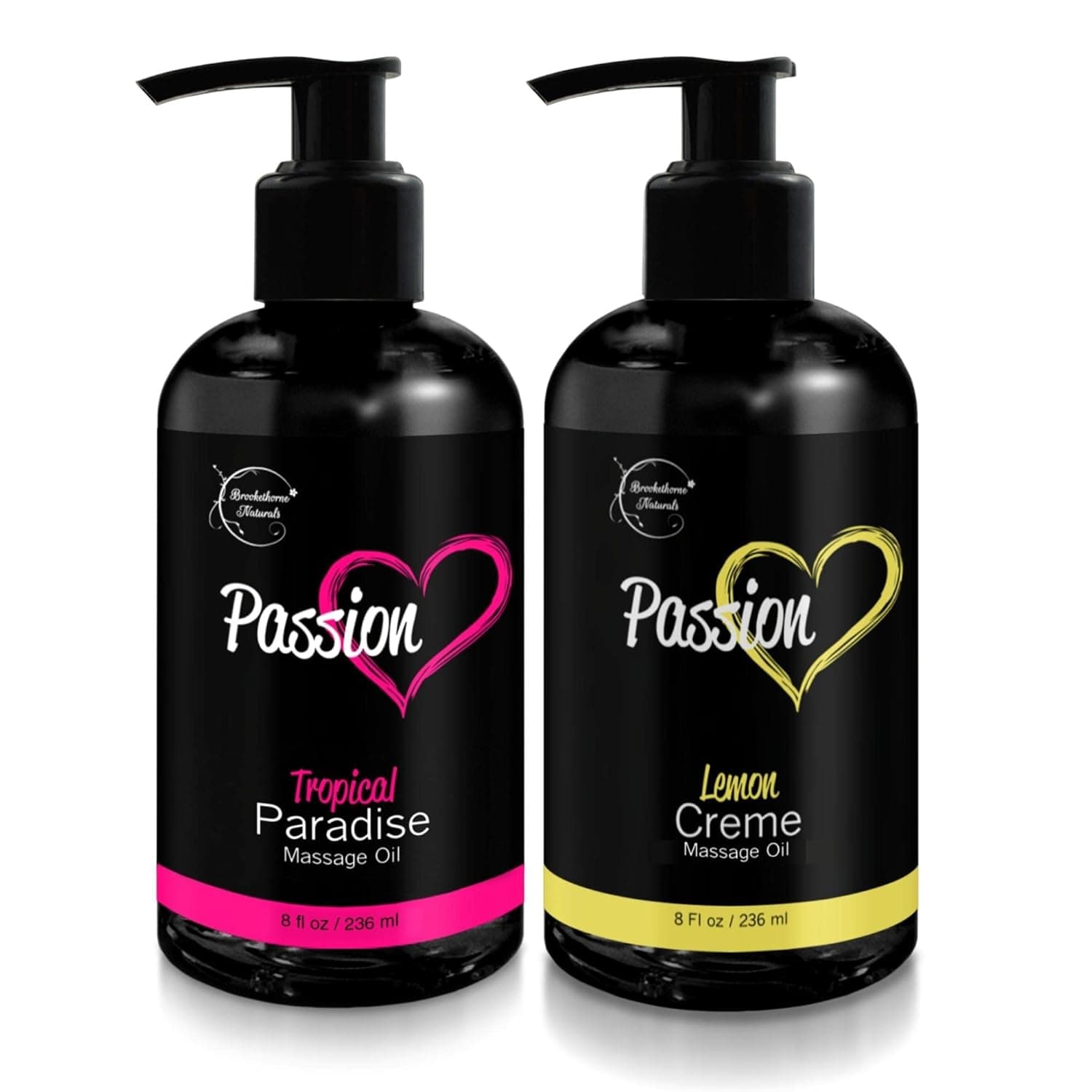 Passion Massage Oil for Couples | Set of 2 All Natural Massaging Oils | Lemon Crème & Tropical Paradise Scents | Perfect for Date Night Full Body Relaxation & Aromatherapy by Brookethorne Naturals