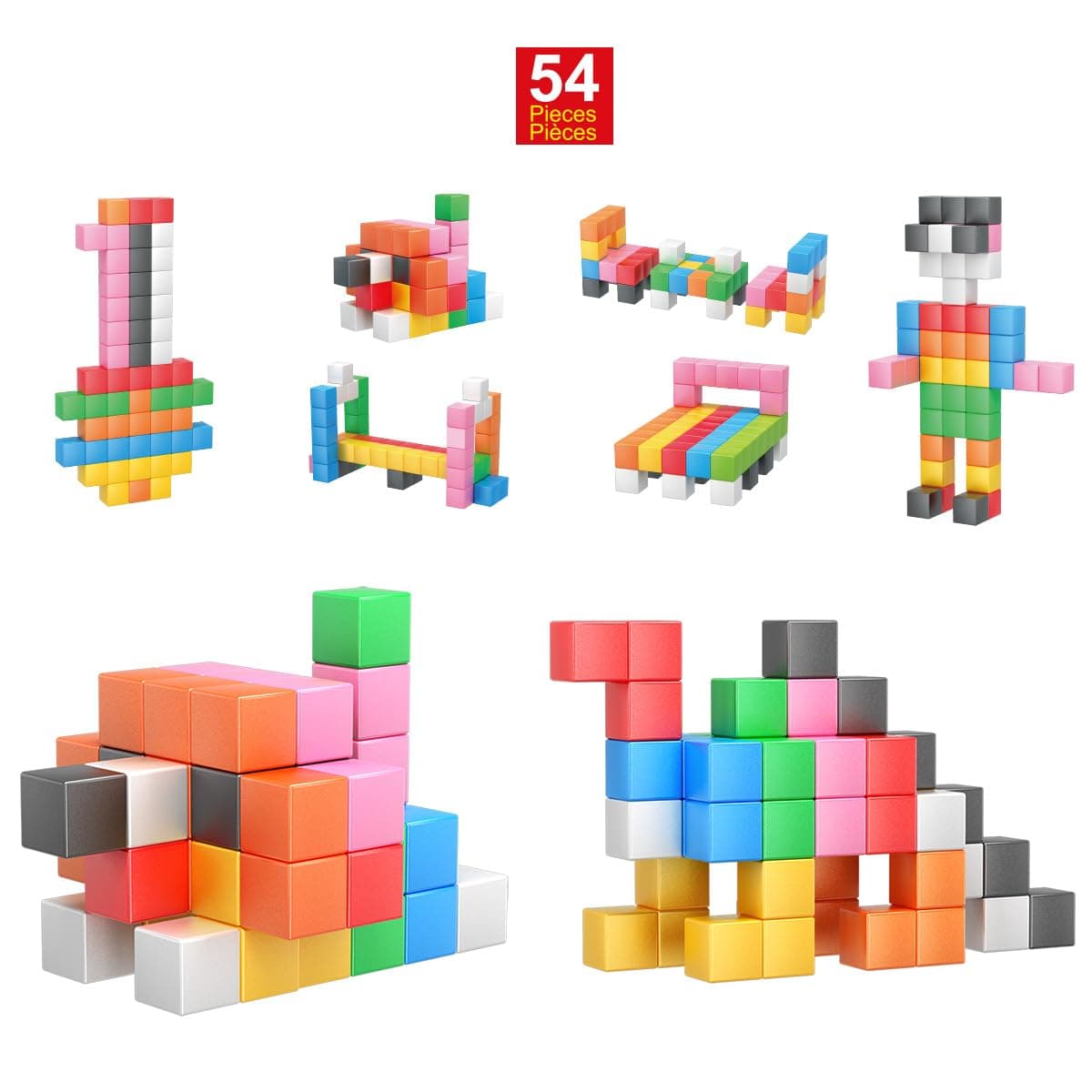 PicassoTiles Magnet Cube Building Blocks 54 Pieces 1.2" 3CM Magnetic Cubes Toy Construction Building Educational Sensory Toys with Idea Booklet for School & Preschool Kids Boys Girls Toddlers PMC301