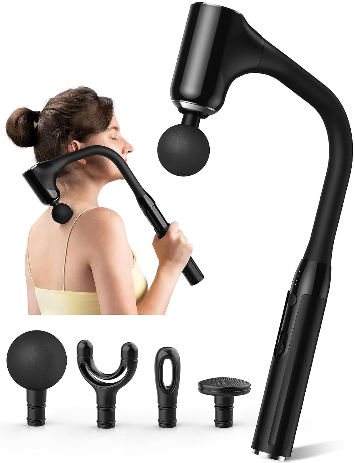FVZ Massage Gun for Deep Tissue Back Massage with Extended Handle, Black | 12MM Percussion Less-Shock Neck/Foot/Leg/Shoulder Massager, Infinitely Adjustable Speed & 4 Replaceable Heads