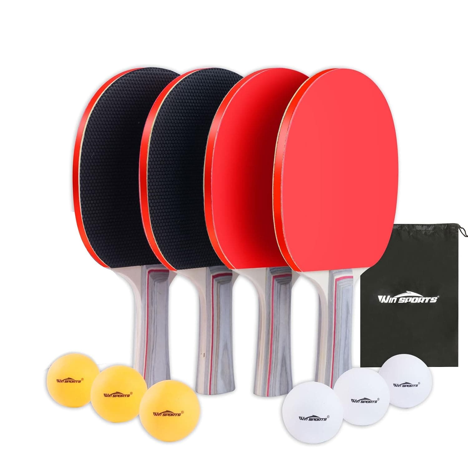 WIn SPORTS Ping Pong Paddles Set of 4, Portable Table Tennis Paddle Set with 6 Ping Pong Balls, Premium Table Tennis Racket 4 Player Set, Indoor & Outdoor Games, Game Accessories