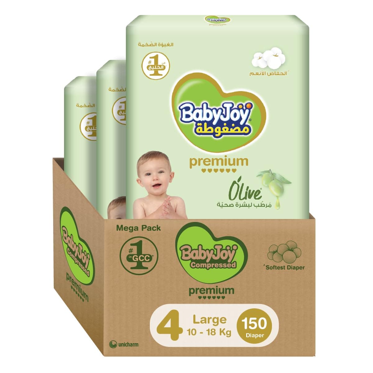 BabyJoy Olive Tape Diaper, Size 4, Large, 10-18 Kg, Mega Box, 150 Diapers