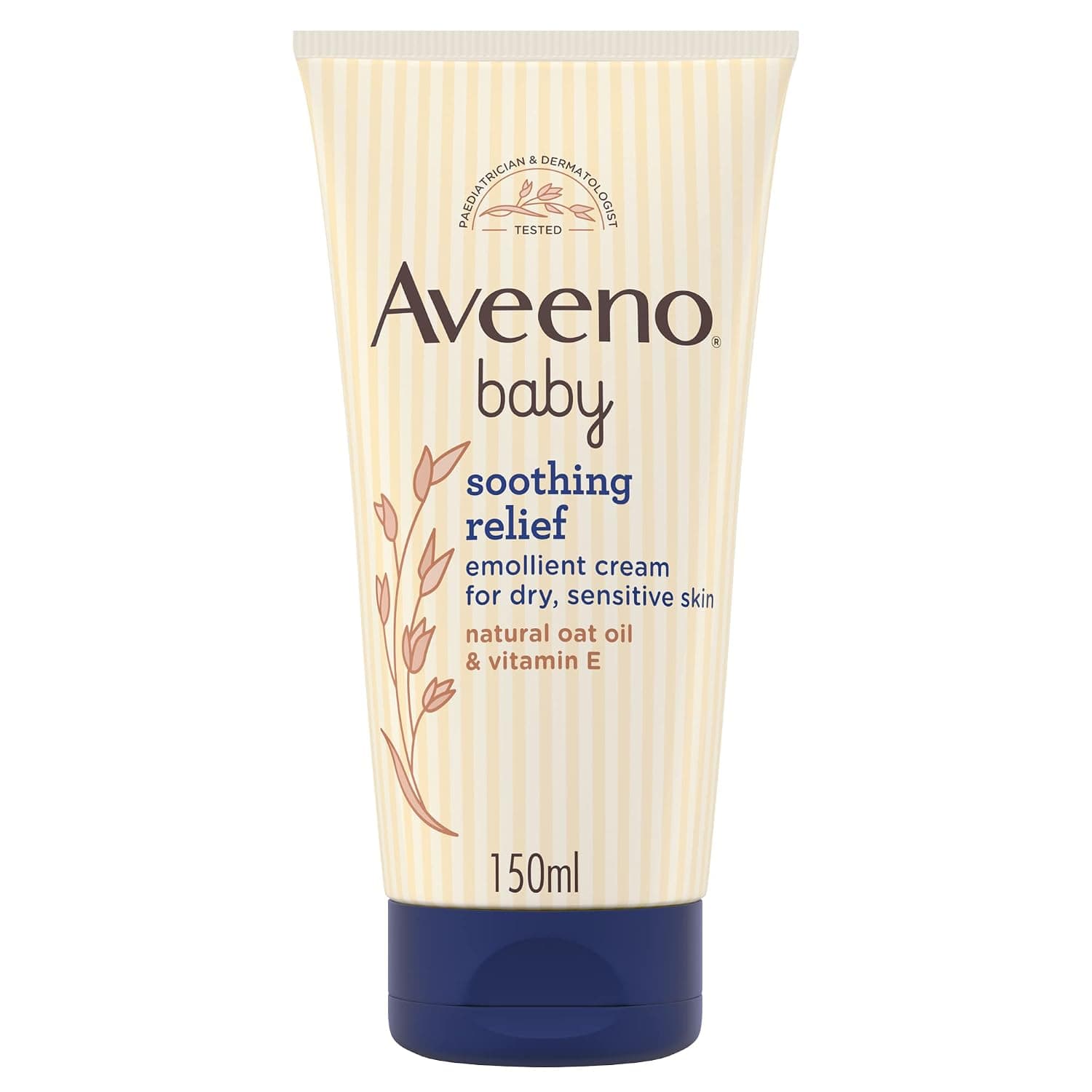 Aveeno Baby Soothing Relief Baby Emollient Cream, for Dry & Sensitive Skin, with Natural Oat Oil & Vitamin E, Clinically Proven, Soothes & Moisturizes for 24 Hours, Unscented, Dye Free, 150ml