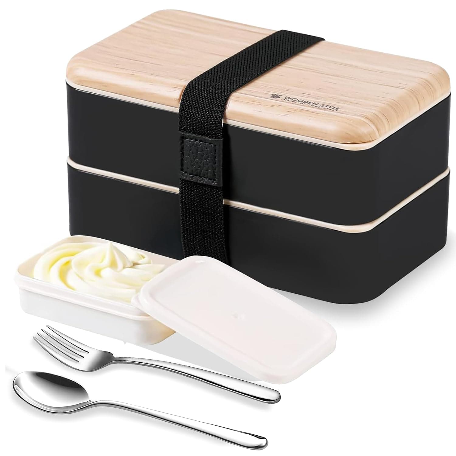 Original Bento Box Lunch Boxes Container Bundle Divider Lunch Container with Compartments with Stainless Steel Utensils Spoon and Fork Japanese Style (Black)