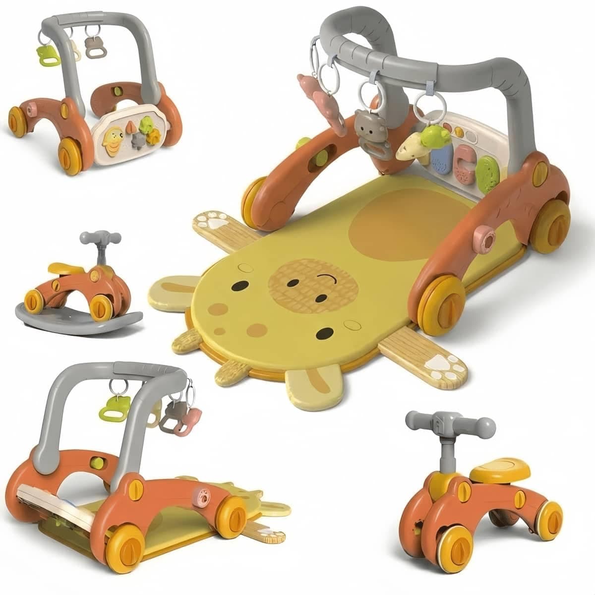 7-in-1 Baby Push Walker Activity Gym, Sit-to-Stand Walker, Rocking Toy & Balance Bike (Orange)