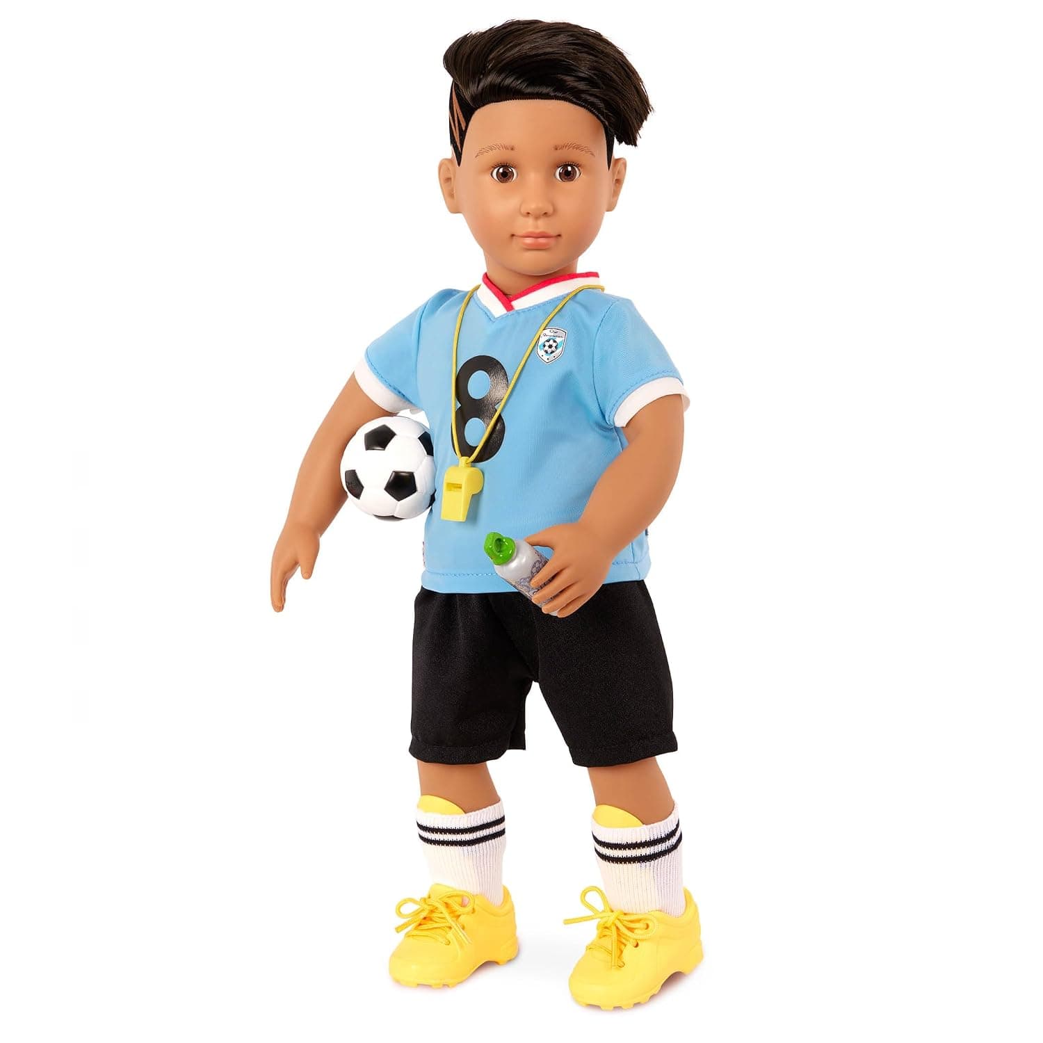 Our Generation Posable 18-inch Boy Doll - Lifelike Brown Eyes & Zigzag Haircut Line Design - Soccer Uniform & Accessories - Pretend Play - Toys for Kids Ages 3 Years Old & Up - Mateo | Movable 46 cm boy doll Mateo with football outfit and accessories for role play, suitable for children, 5+ years