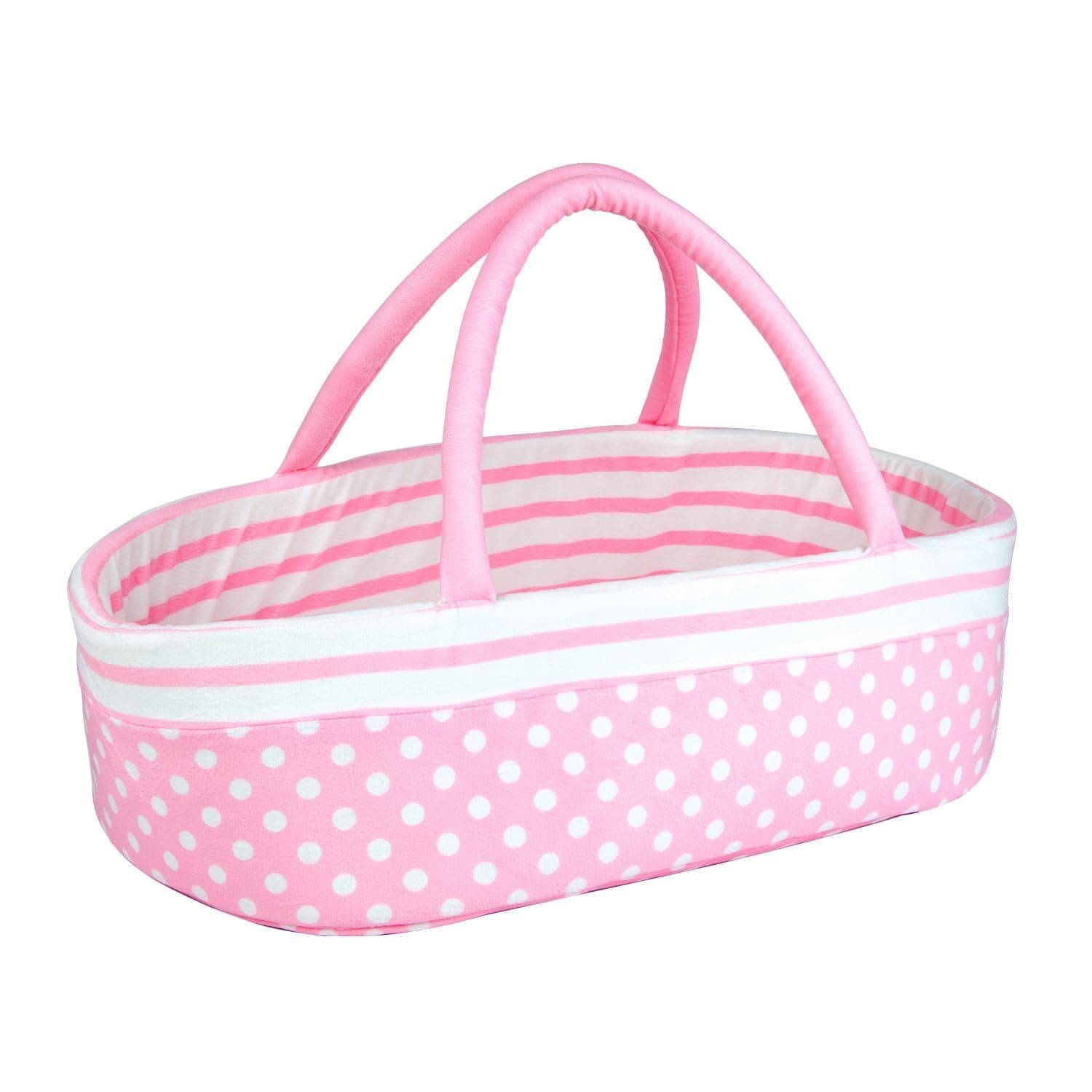 Baby Doll Bassinet Accessories for 16-22 Inch Baby Dolls Carrier Set | Pink Dots Baby Doll Accessories Sleeping Basket Foldable With Handle for Kids Carriying Doll