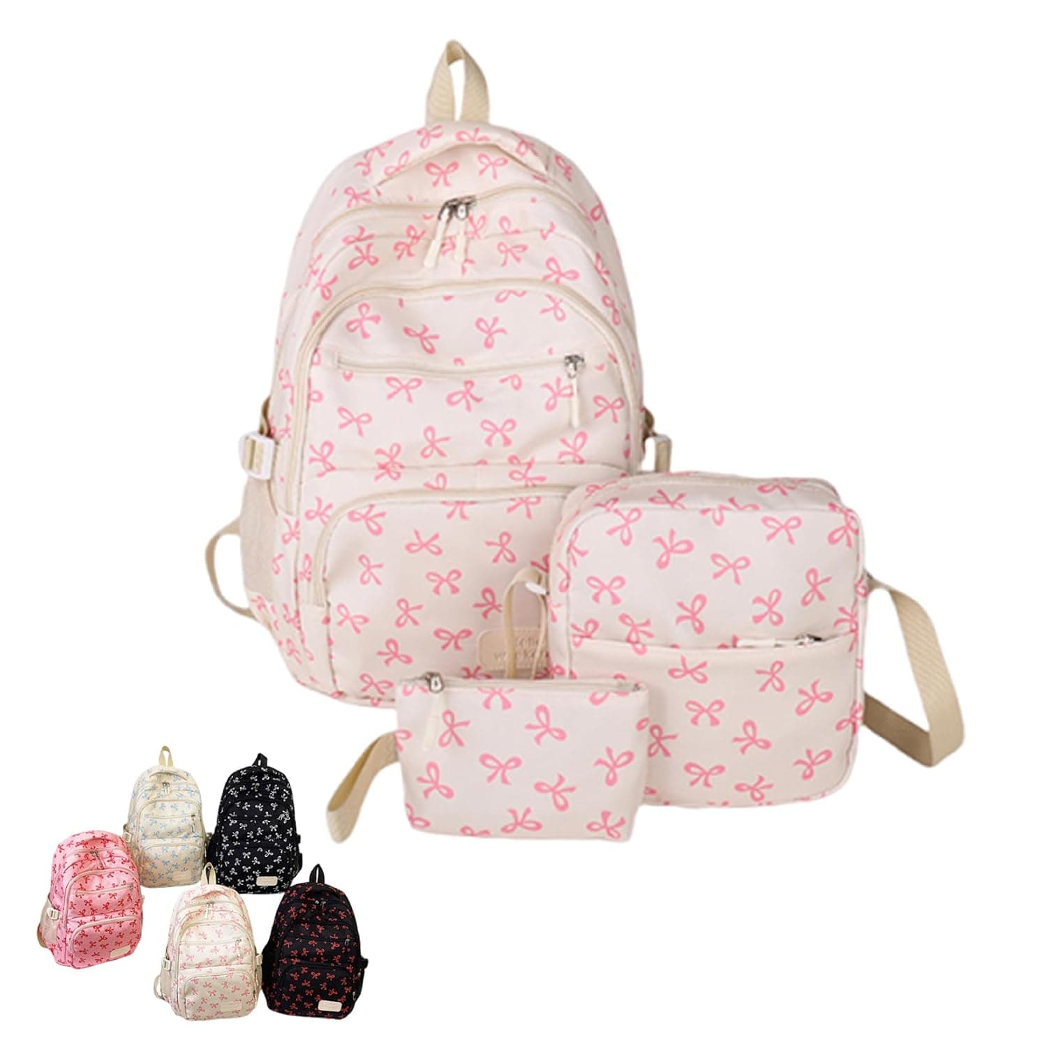3-Piece Bow School Backpack Set for Girls – Cute Rucksack with Shoulder Bag & Pencil Case, Lightweight Nylon, Laptop Compartment, Gift for Teens, 7 Colours, White Pink, 43x30x16 cm