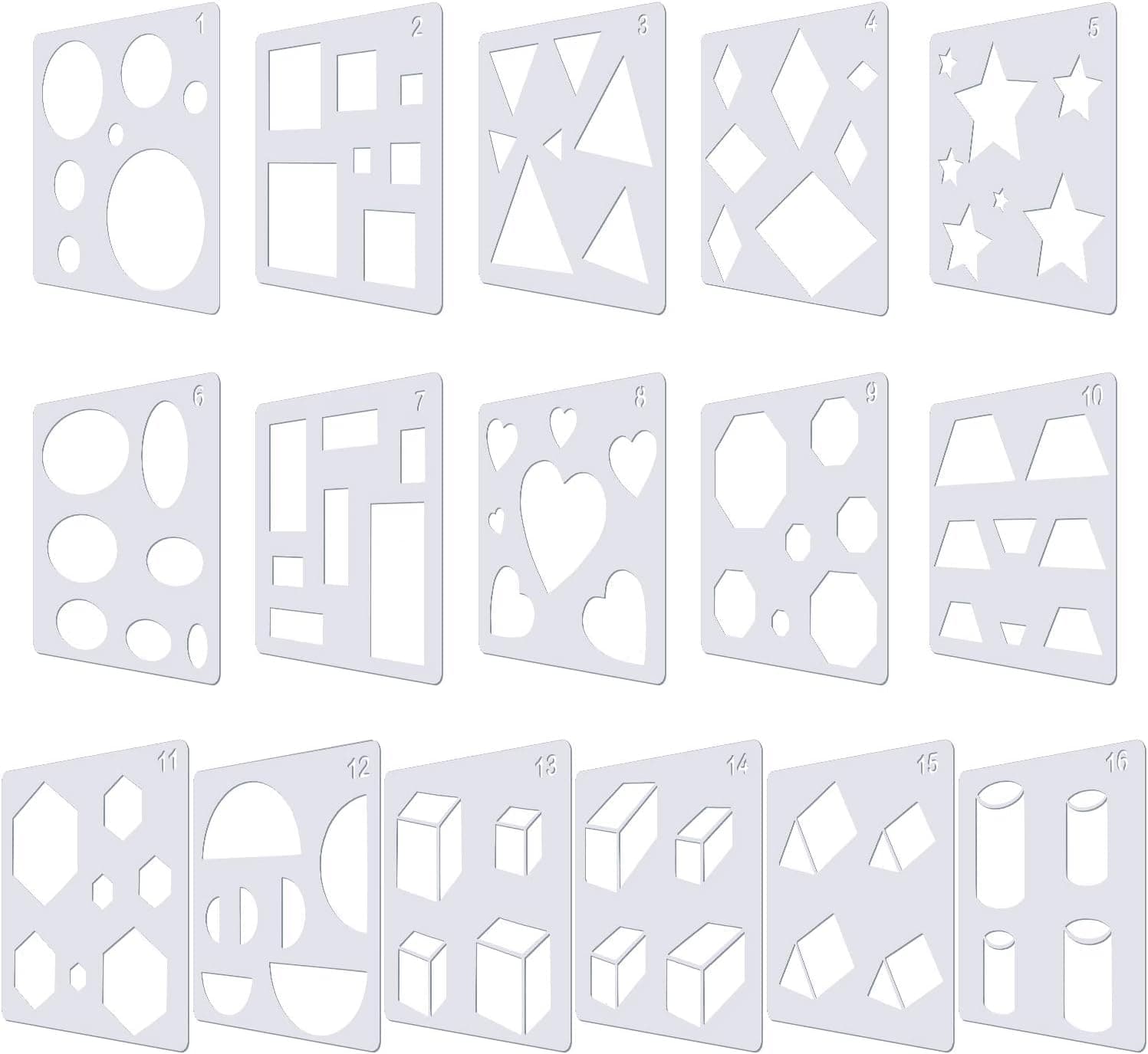 SYOSI Geometric Drawing Stencils Set, Reusable Plastic Templates for Circles, Squares, Hearts, Triangles, Cubes, Cylinders, DIY Craft, Scrapbooking, Painting, Home, Classroom, Art Projects,16 Pcs