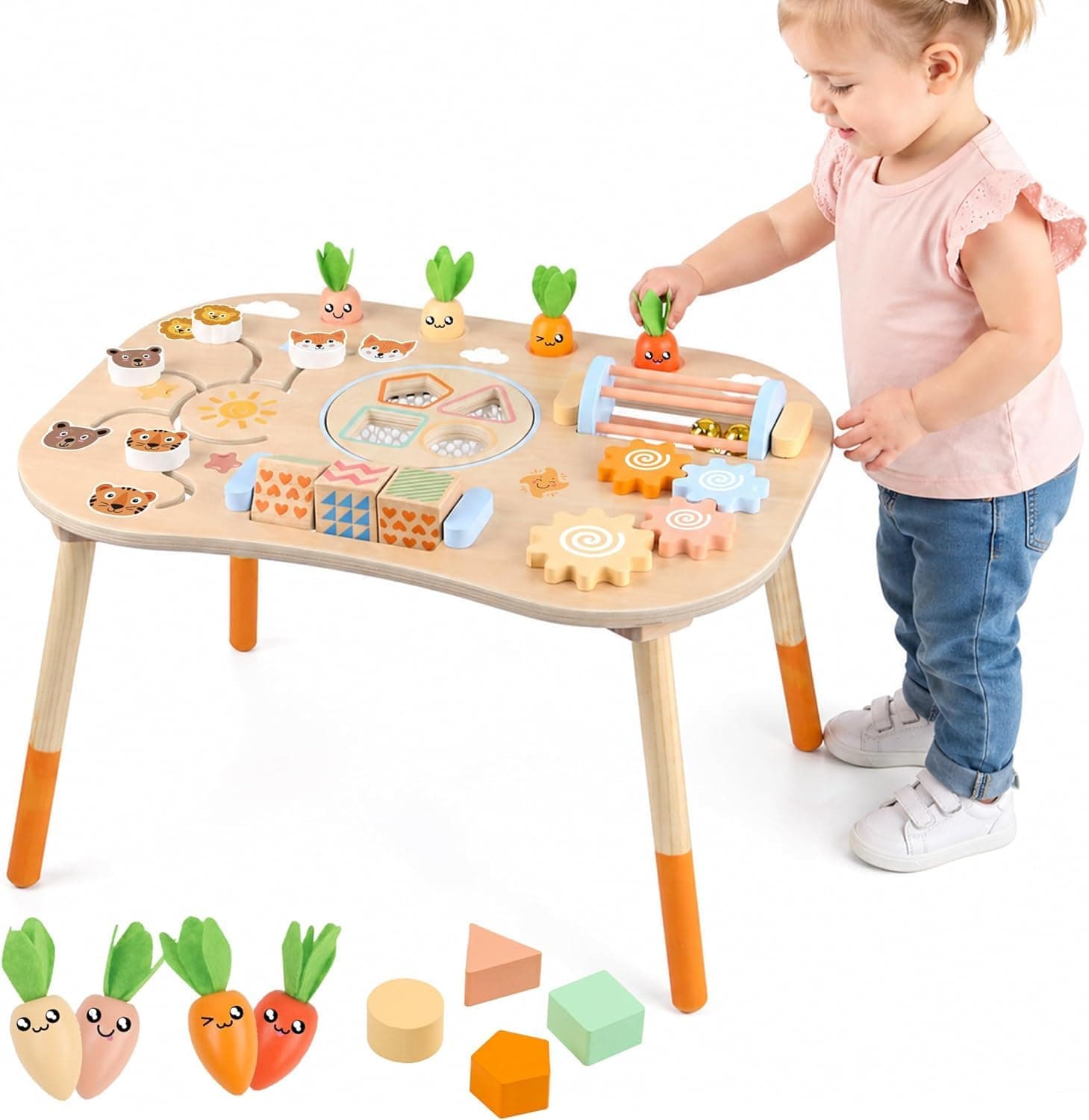 Soofam Activity Table for 1 Year Old, 6 in 1 Wooden Montessori Activity Center with Shape Sorter,Pulling Radishes,Kids Sensory Play Table Toddler Toys 1st Birthday Gifts Boy Girl
