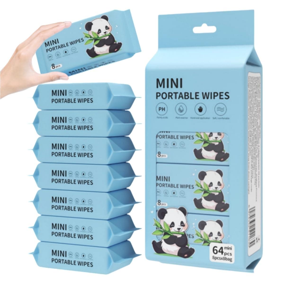 Mini Wet Wipes Travel Size, Portable Gentle Cleansing Wipe, Disposable Wet Wipes For Body Wipe, For Baby Women and Men (8 Pack=64 Count)