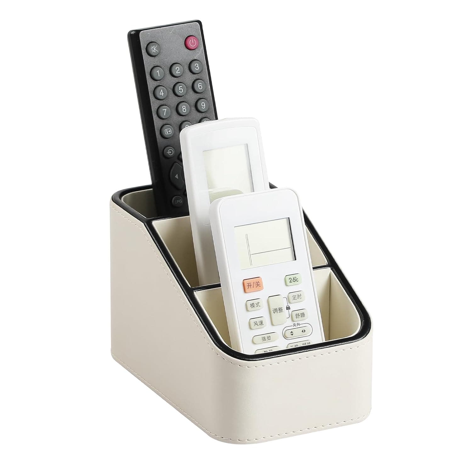 PU Leather Remote Control Holder, Small Desk Organizer Office Supply Bedside Caddy for Nightstand End Table Couch, Pen Remote Organizer with 3 Compartments (Cream)