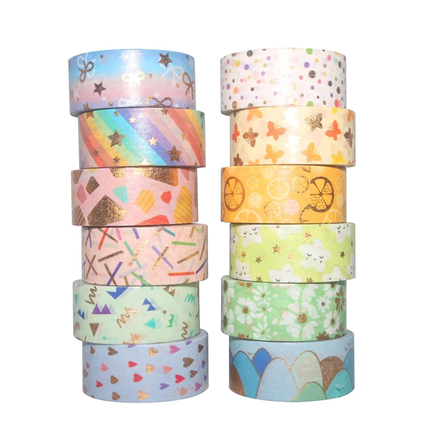 Marhynchus Tape Set, Gold Foil Decorative Tape 12 Rolls 15mm X, Cute Masking for Journal Scrapbook Planner Crafts Gift Wrapping