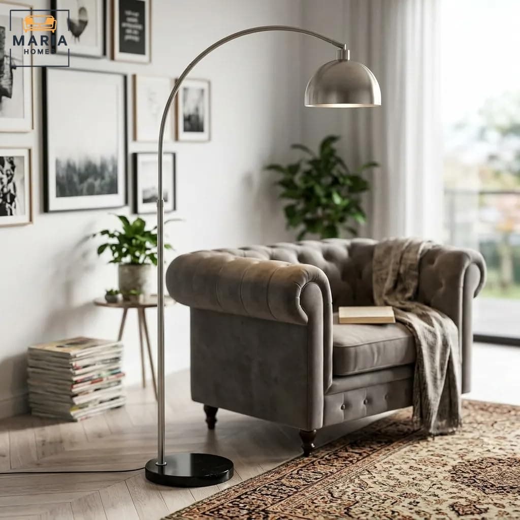 Arc Floor Lamp, Brushed Nickel Dome Shade, Chrome Pole, Black Marble Base, Modern Style