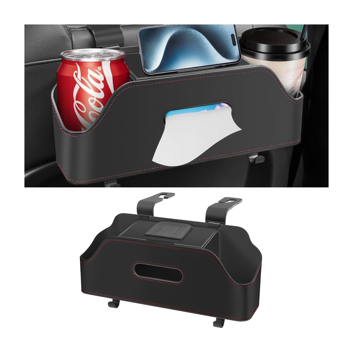 Car Headrest Rear Seat Multifunctional Storage Box, Multi-Functional Vehicle Seat Back Hanging Storage Box with Hooks, Auto Drink Snack Phone Tray Travel Accessories, Car Travel Accessories (Black)