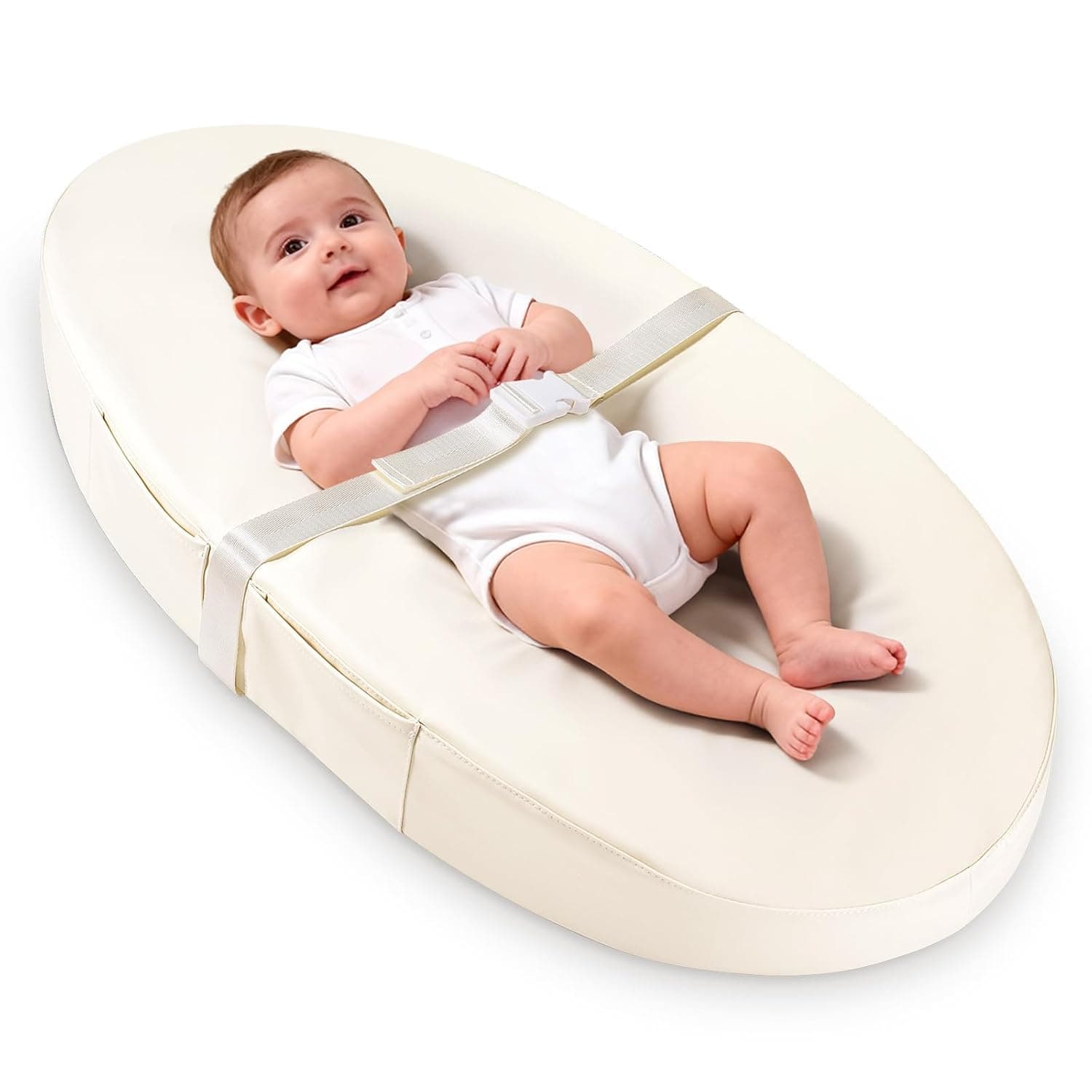 Baby Changing Pad with Wipeable & Waterproof PU Cover, 31.5 x 15.8 x 4in Baby Diaper Pad for Dresser with Non-Slip Safety Belt & Storage, Portable, Lightweight, Beige