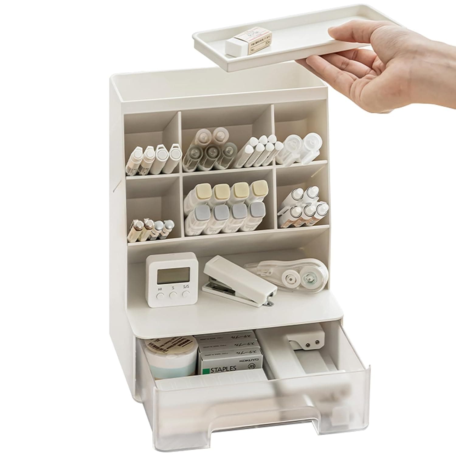 Large Desk Pen Holder, Plastic Pencil Cup with Drawer and 6 Vertical Compartments, Dual-Purpose Art Supply Organizer for Office, School and Home, White