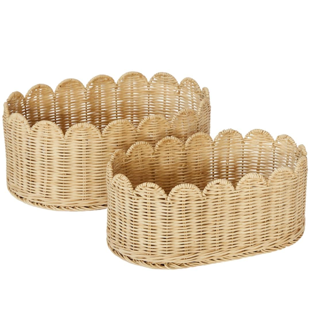 BEBE BASK Scalloped Basket Set Of 2 - Hand Woven Scallop Basket - 16 x 10 x 7 In - Scalloped Wicker Basket - Scalloped Edge Basket - Scalloped Storage Basket (Natural) | Handwoven Rattan, Scallop Basket, Wicker Basket With Scalloped Edge, Nursery Storage, Set of 2, Natural