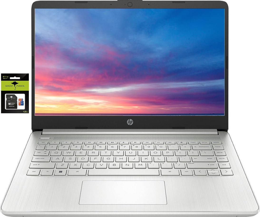 HP 14'' Laptop Computer Stream Ultral Light for Students and Business, Quad-core Intel Celeron Processor, 8GB RAM, 256GB Storage (128GB eMMC+128GB Ghost Manta SD Card), 1 Year Office 365, HDMI, Win 11