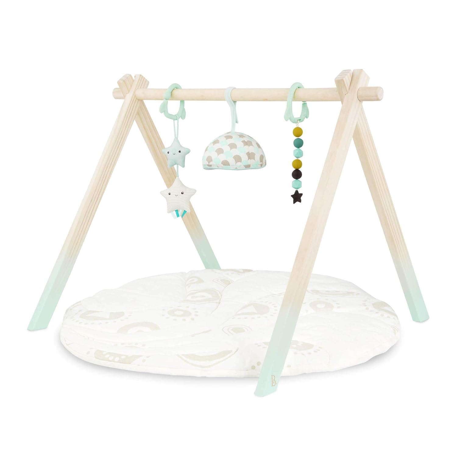 B. baby – Wooden Baby Play Gym – Activity Gym For Newborns, Babies, Infants – 3 Hanging Sensory Toys – Quilted Cotton Mat – Natural Wood – Starry Sky