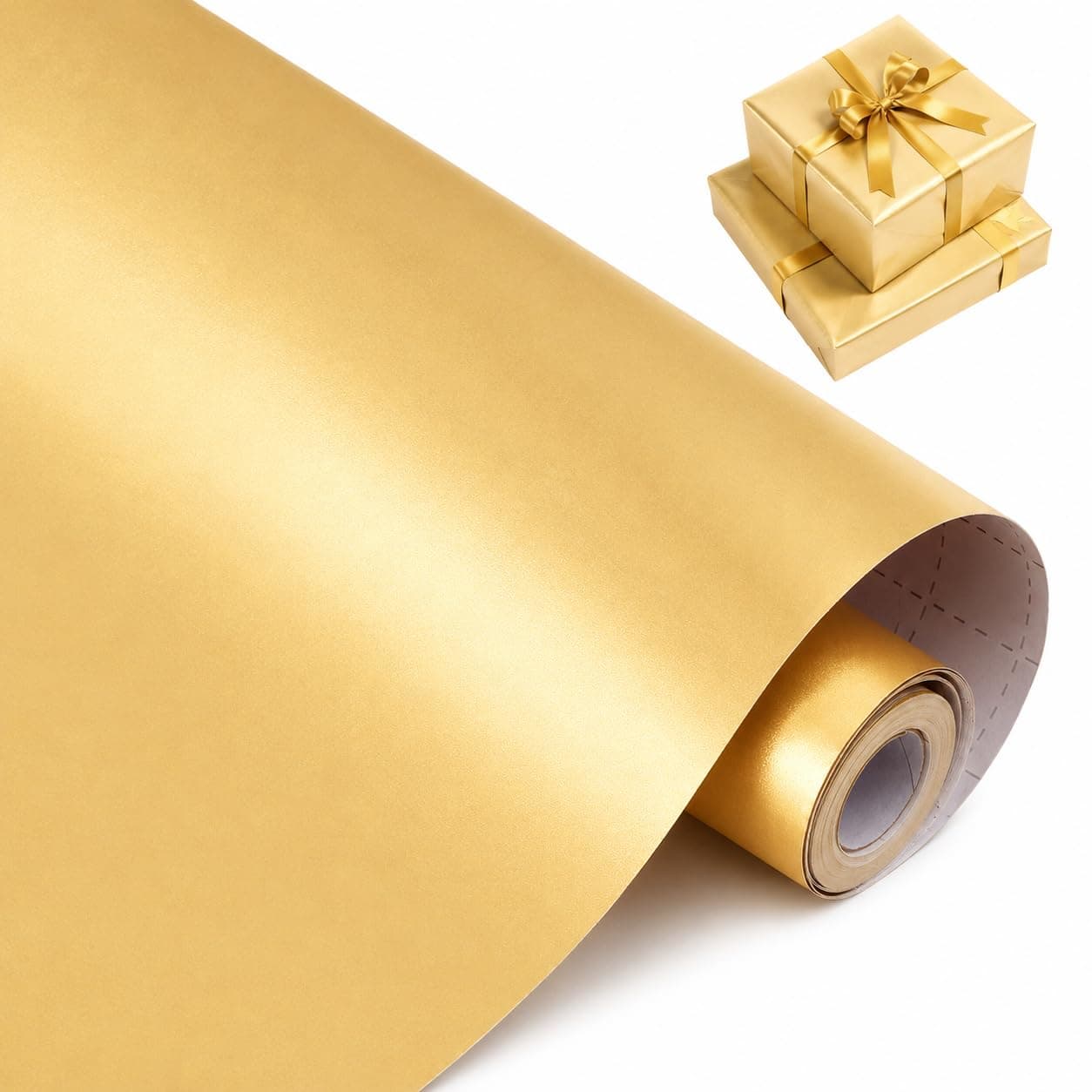Matte Gold Wrapping Paper Roll, Premium Matte Metallic Gift Wrap with Grid Cutting Lines, Thick Tear-Resistant Paper, 17" x 32.8ft (43cm x 10m), for Birthday Wedding Holiday Gift Wrapping