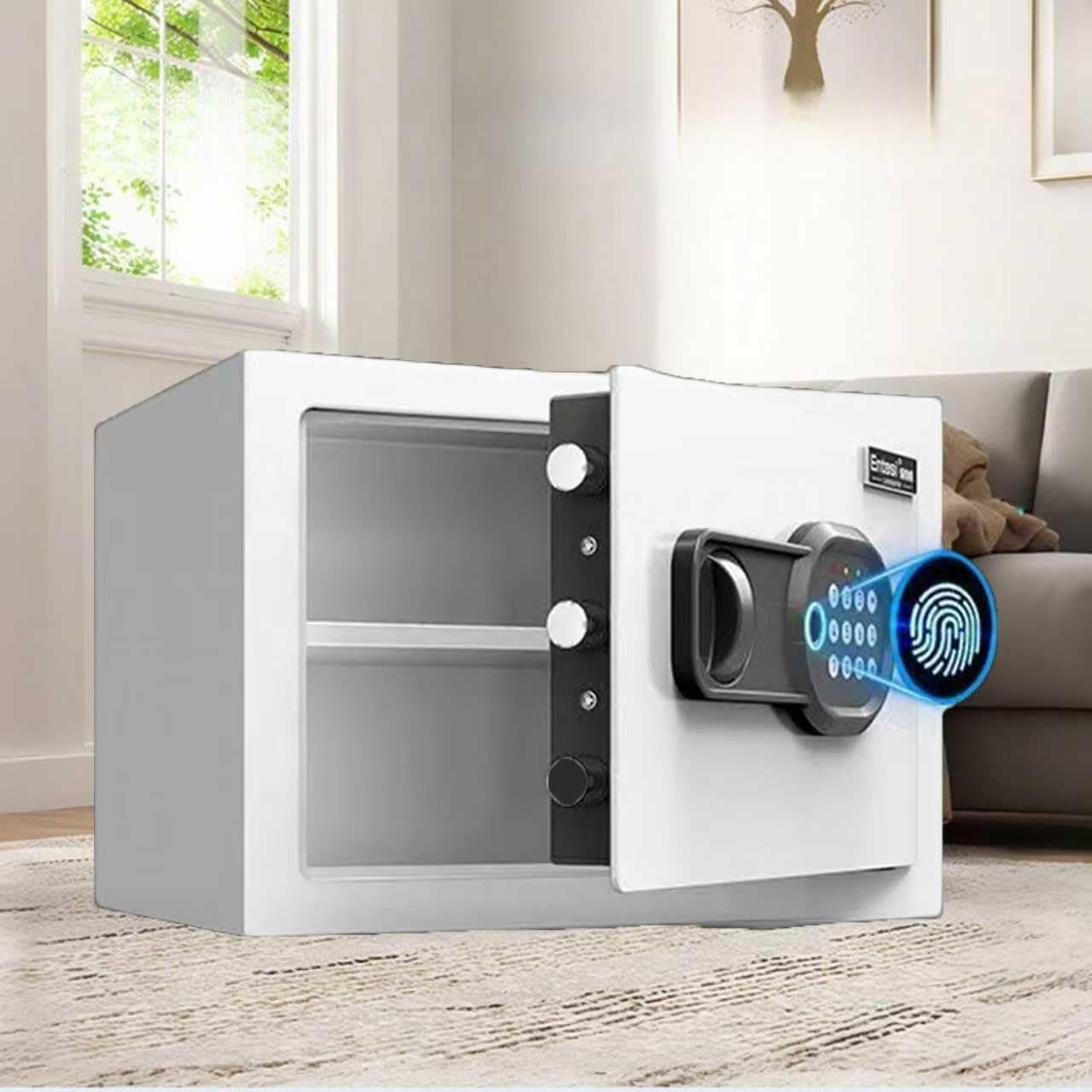 Biometric Mini Safe Box For Home with Fingerprint Lock, Safe for Money Jewelry Document with Digital Keypad and Keys, Small Safe Locker Steel Constructed (35 * 25 * 25cm) (White)