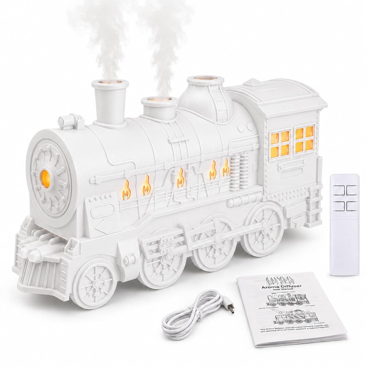 Train Oil Diffuser Essential Oils, Vintage Train Diffuser (White) | Vintage steam train design, remote control, 2 light modes, 2 mist modes, auto shut-off for bedroom, office, desk