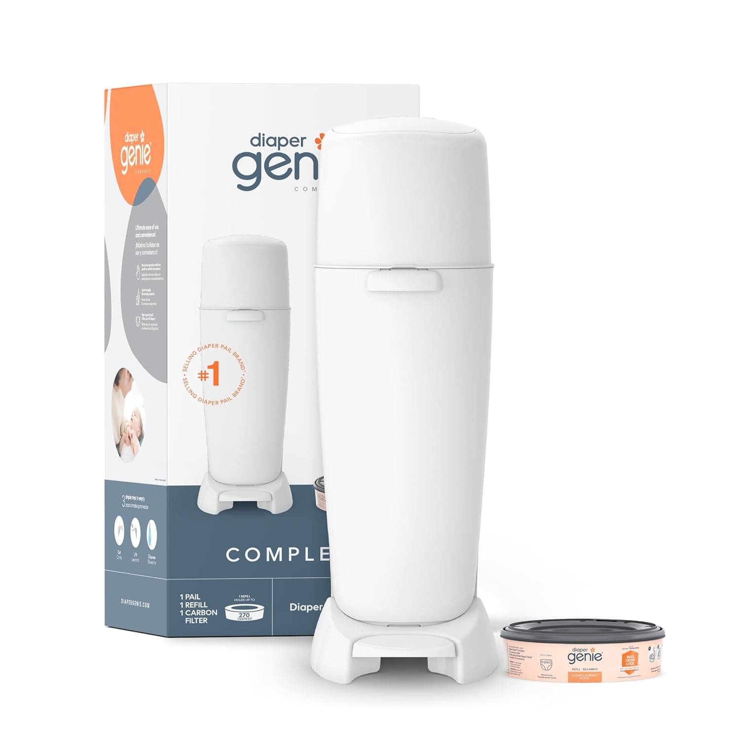 Diaper Genie Playtex Complete Diaper Pail, Fully Assembled, with Odor Lock Technology, Includes 1 Pail & 1 Refill, White