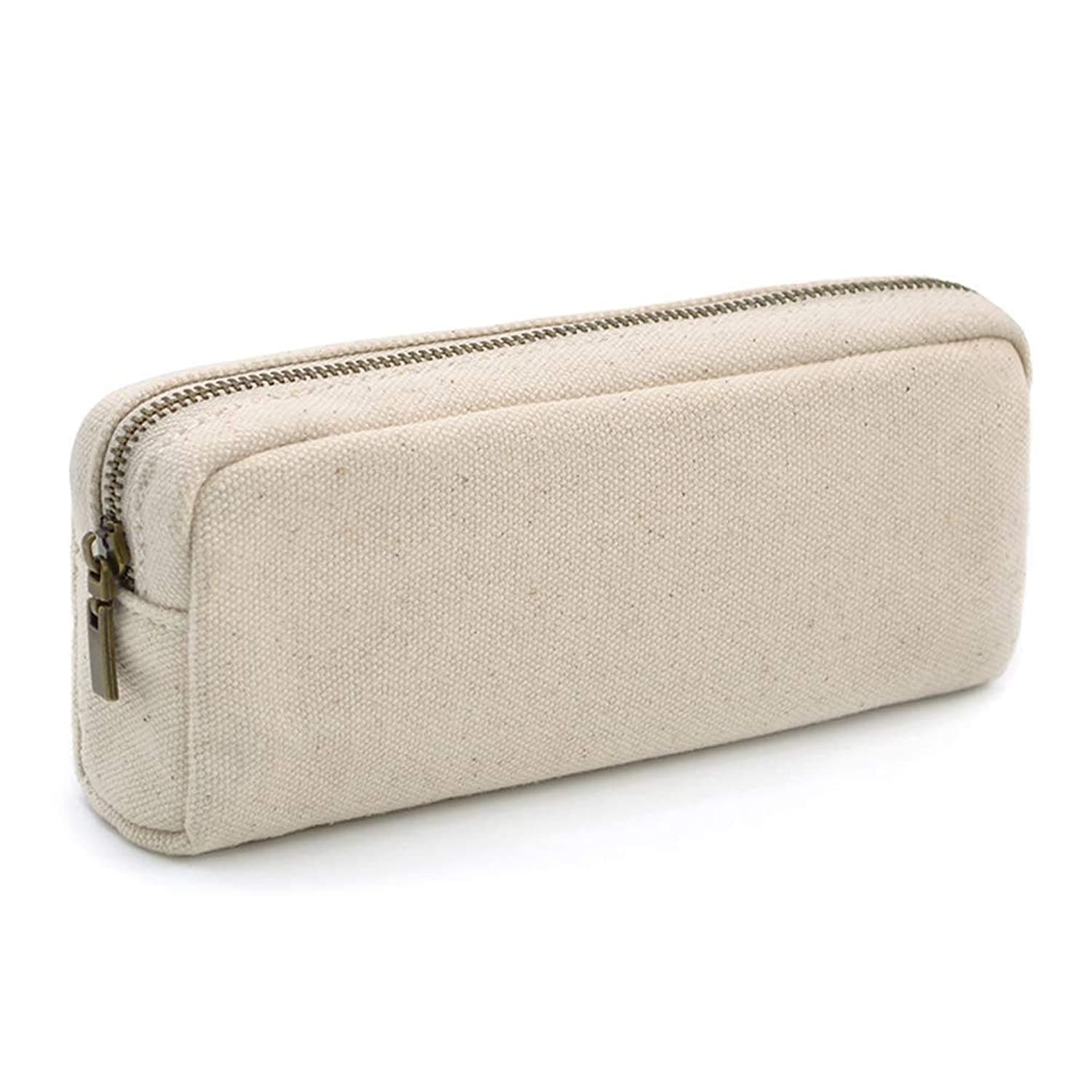 Beige Canvas Compact Pencil Pouch for Teen School, Sturdy Waterproof Stationery Organizer with Coin Pocket, Slim Design for Office and Classroom Use