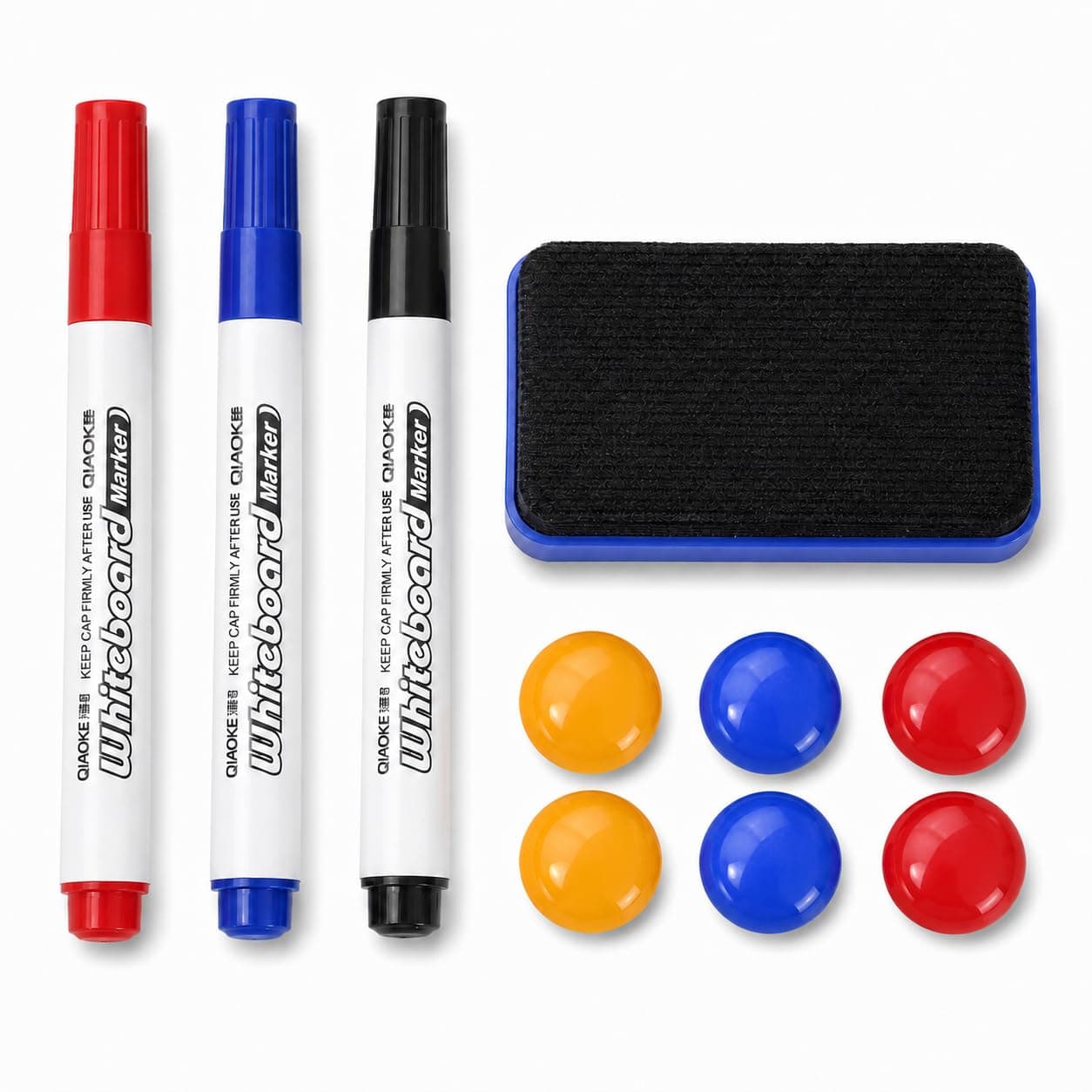 SKY-TOUCH Whiteboard Marker Set 1 Pack,3 Dry Erase Markers with 6 Magnetic Board Magnets and Eraser, Red Blue Black Bullet Tip Pens for Whiteboards, Classrooms, Offices and Home Use