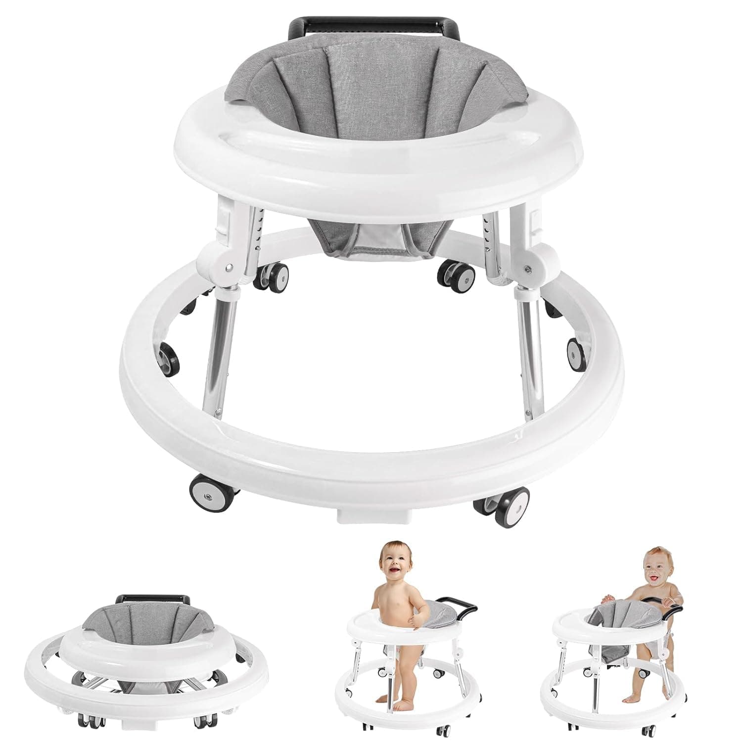Gogoya Baby Walker with Wheels, Activity Center with Mute Wheels Anti-Rollover, 5-Position Height Adjustable Foldable Baby Walker for Boys and Girls from 6-18 Months with Footrest (White)